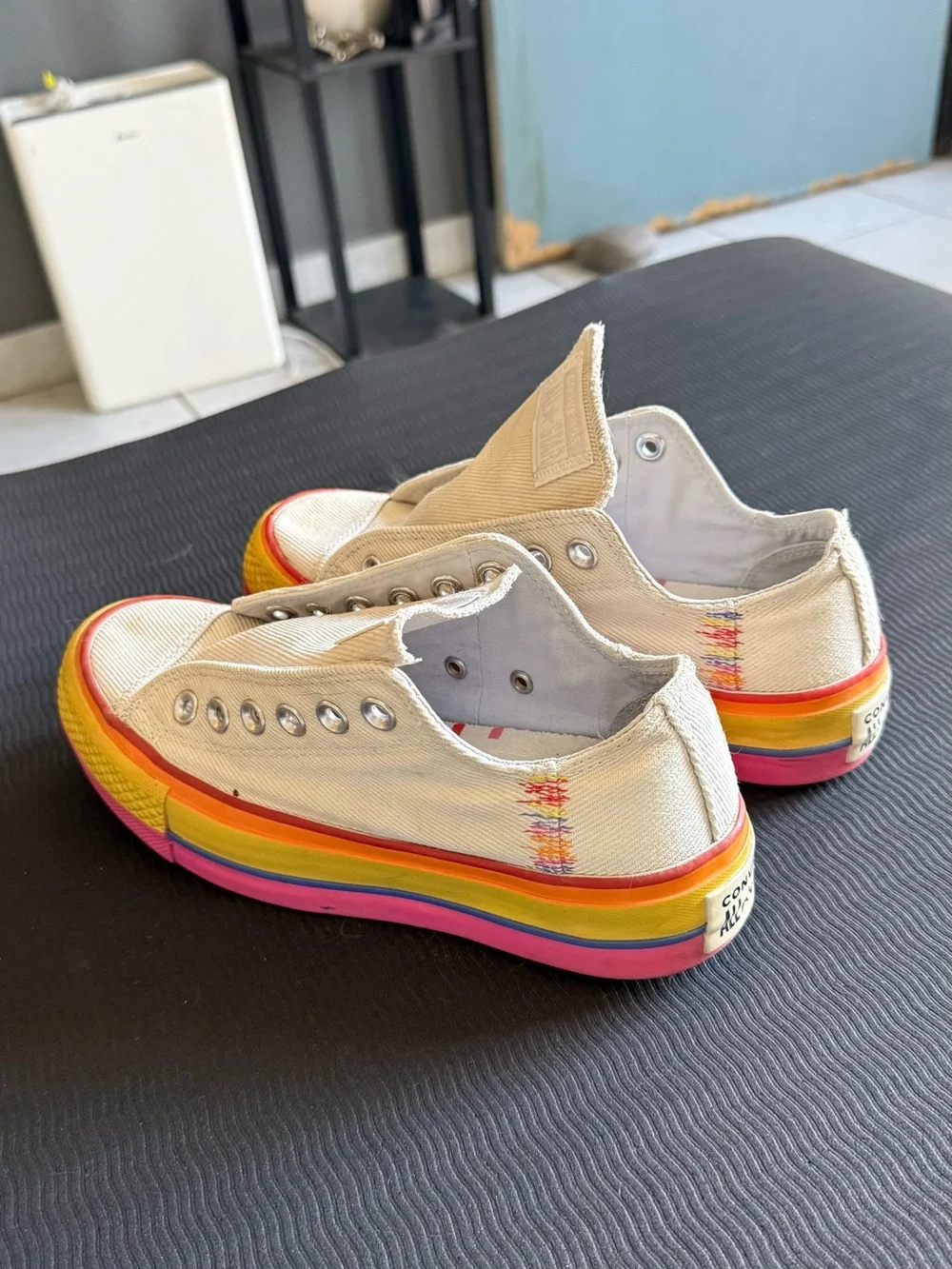 Converse Kids Low Top Sneakers in Cream with Rainbow Sole